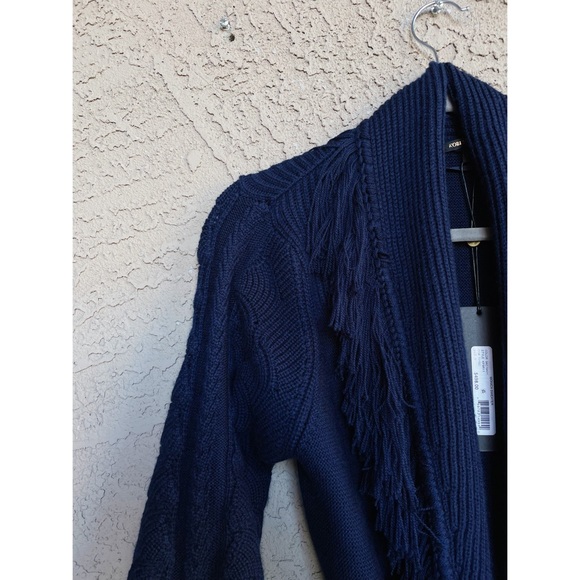 KOBI HALPERIN NWT Luxe Wool Knit Navy Blue Monica Fringe Belted Cardigan Sweater - Picture 6 of 16